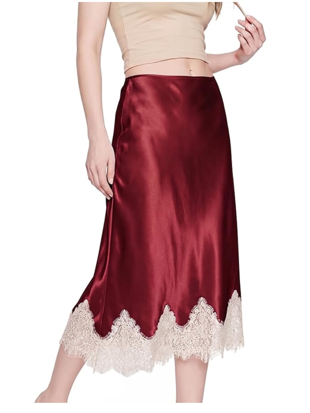 Satin Midi Skirt with Lace Hem High Waist A-Line Flowy Women's